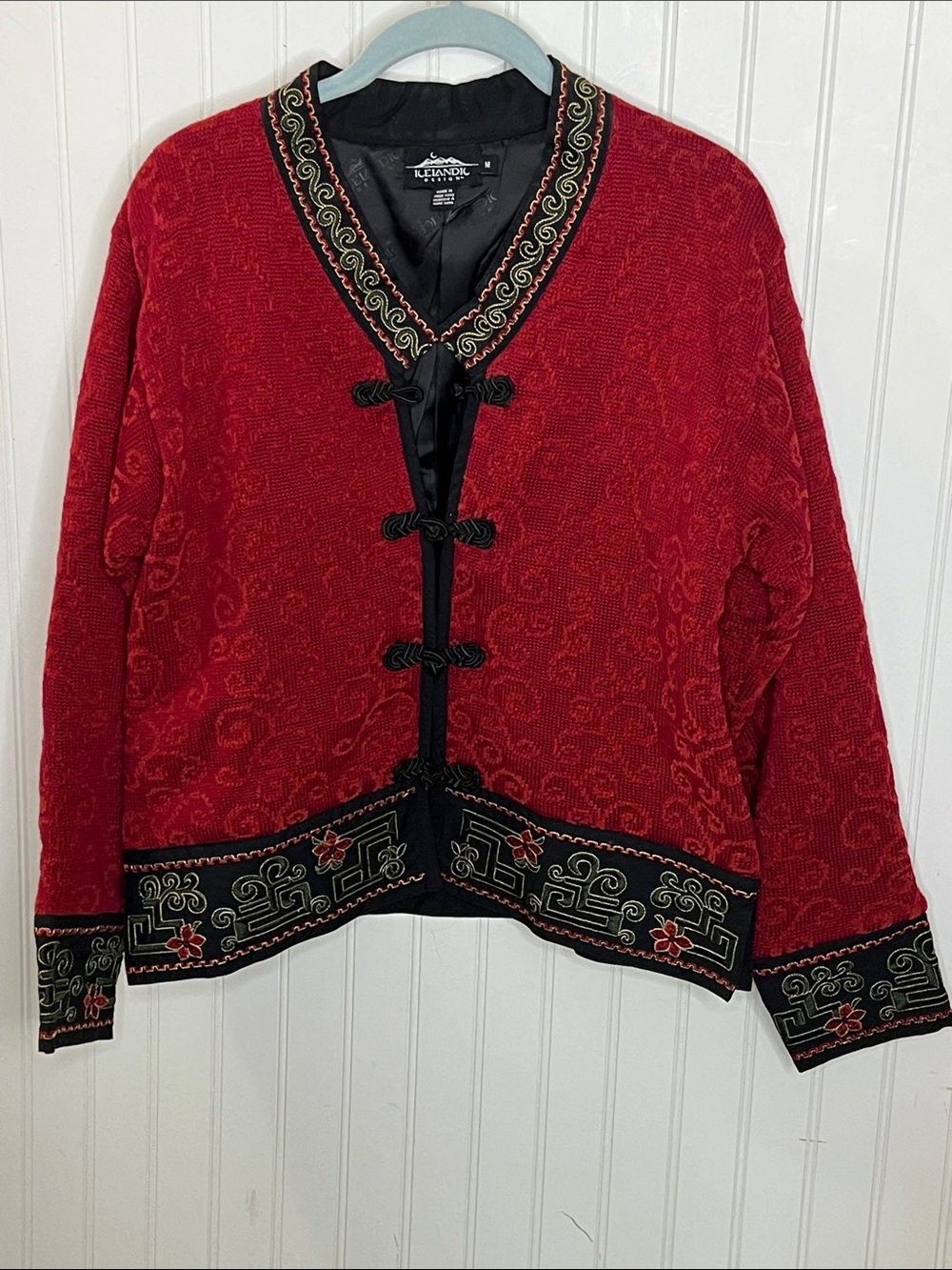 Red Embroidered Mandarin Sweater Jacket Size Medium